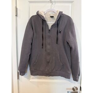Spyder Mens Sherpa Lined Full Zip Hoodie Gray Graphic Sleeve Sweatshirt Small